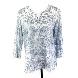 Jones New York Pheasant Blouse Blue White  Lace Neck Large Petite
